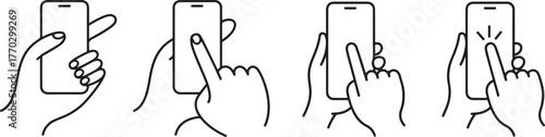 Mobile Phone Line Icon – Hand Holding Smartphone with Blank Screen Vector Illustration