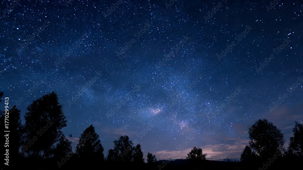 Fototapeta premium A clear night sky filled with countless stars and the faint glow of the Milky Way above silhouetted trees