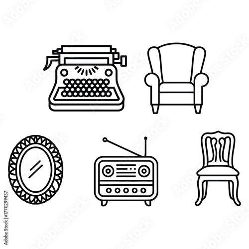 Vintage Furniture And Objects Line Art Collection White Background typewriter armchair