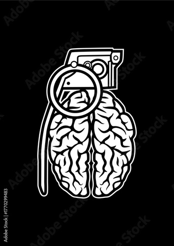 This unique image combines the human brain with a grenade, portraying the explosive nature of thoughts and ideas, symbolizing creativity fused with danger and intelligence.