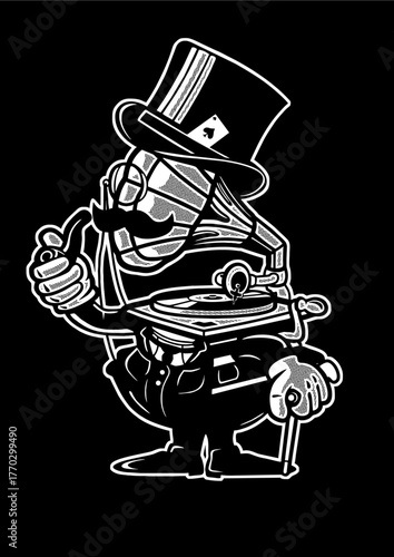 A sophisticated peanut character styled with a record player and cane, representing elegance and nostalgia, enveloped in a uniquely engaging artistic manner with a vintage flair.