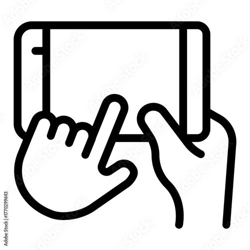 Smartphone horizontally in hand line icon, using gadget concept, touchscreen phone with index finger sign on white background, outline style for mobile web design. Vector graphics.