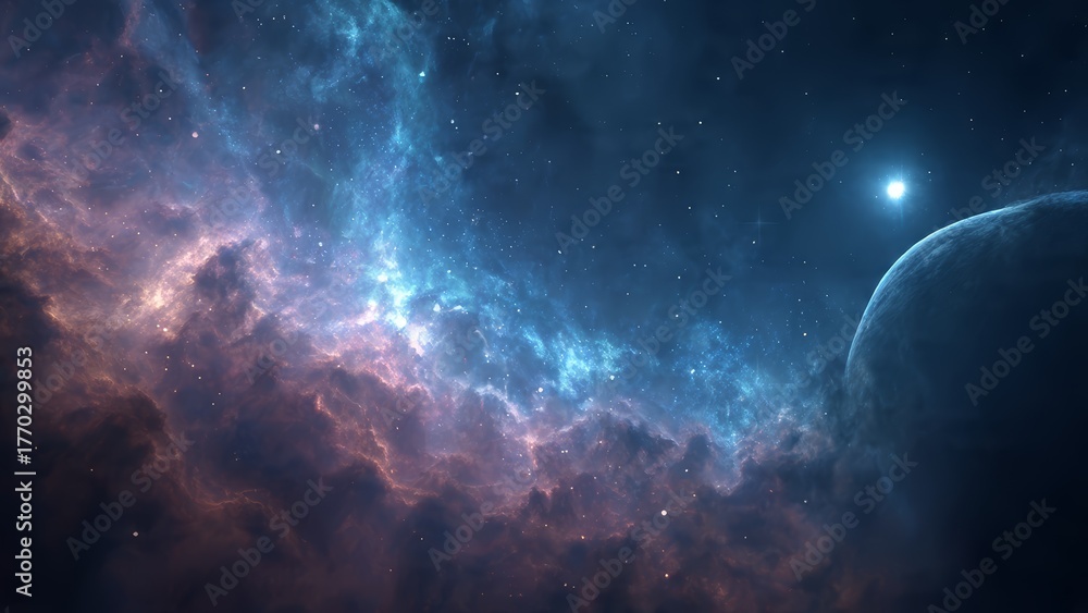 Fototapeta premium Deep space nebula with a large planet and bright star against a dark starry background