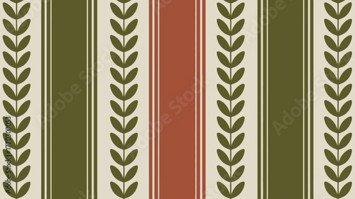 A vertical striped pattern with olive green and red stripes and leaf patterns on a cream background
