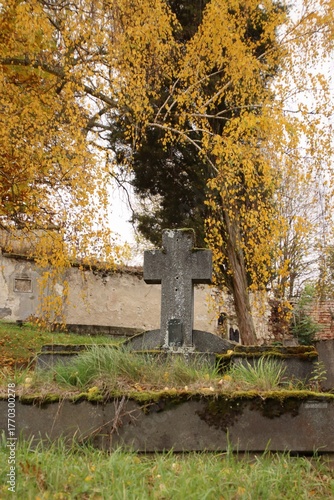 Abandoned old German cemetery in autumn.