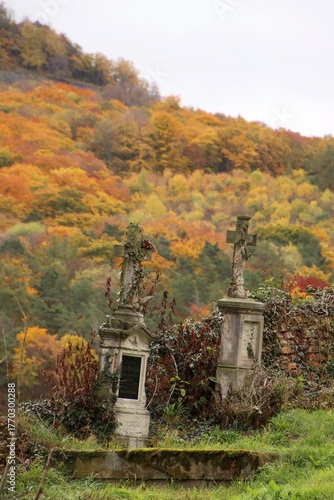 Abandoned old German cemetery in autumn.