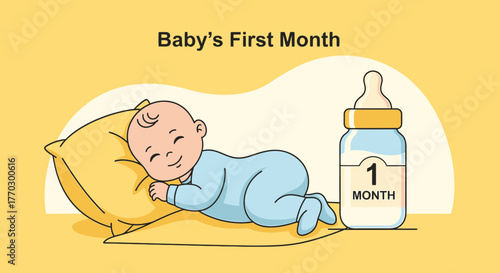 Baby's First Month Illustration, Newborn Care, Cute and Sweet Design