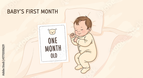 Baby's First Month Milestone Illustration With Sleeping Newborn Child