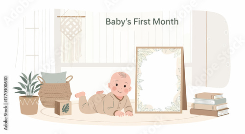 Bohemian Scene With Baby And Photo Frame For First Month Milestone