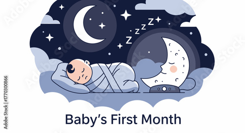 Dreamy Night Scene With Sleeping Baby And Moon Light Illustration