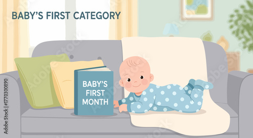 Illustrated Baby Enjoying First Month Milestone on Sofa