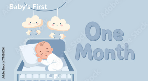 One Month Milestone Of Newborn With Decorative Cloud Mobile