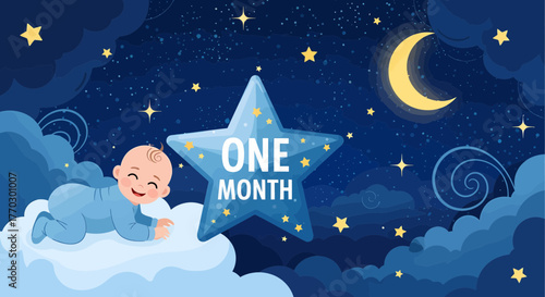 One Month Old Baby On Cloud In A Starry Night Illustration