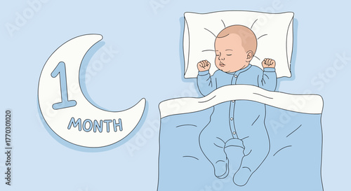 One Month Old Baby Sleeping Peacefully Illustration In Blue Tone