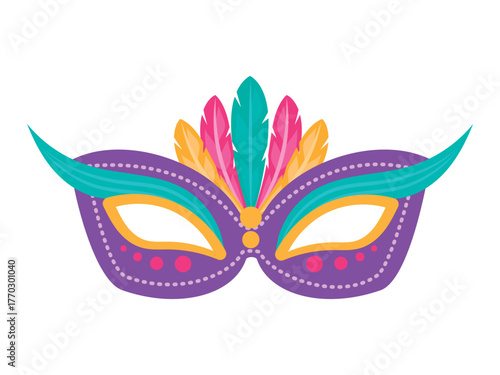 Mardi Gras-style masquerade mask design with colorful feathers and festive elements