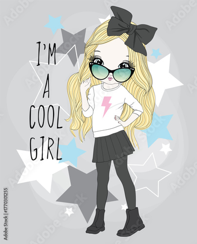 A cool girl exuding confidence in a stylish outfit and oversized sunglasses, embodying modern trends and a carefree attitude in a fun, vibrant illustration.