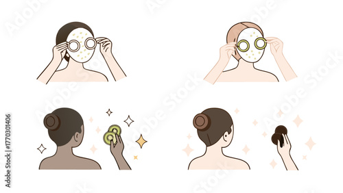 Illustrations showing a woman applying a face mask with cucumber slices and a cosmetic sponge on her face