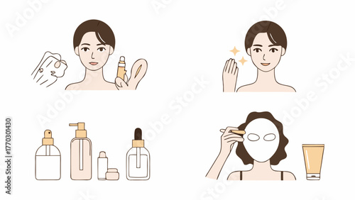 Illustration showing a woman applying skincare products like serum, lotion, mask and cleanser on her face