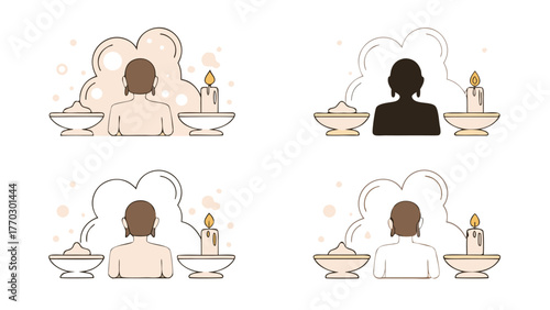Illustration of four buddha figures with different skin tones with offerings and candles in bowls