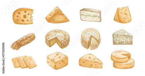 Hand drawn vintage sketch set of assorted cheese types including wedge, wheel, string, blue and sliced pieces in color and monochrome versions, detailed dairy food illustration, isolated vector design