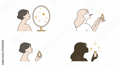 Four illustrations of a woman applying perfume, looking in a mirror, and a silhouette with sparkles