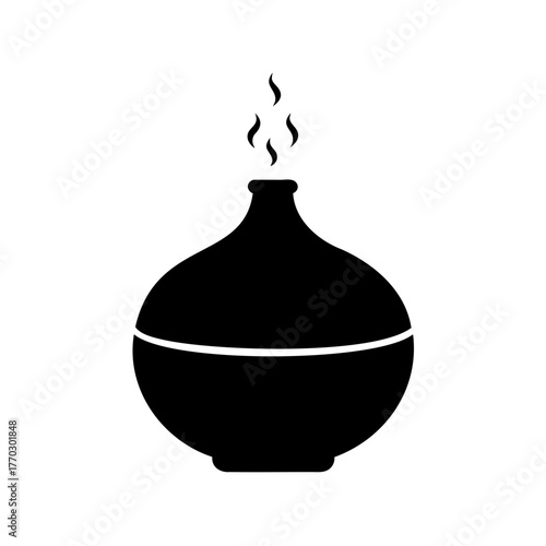 Black and white illustration of an essential oil diffuser with steam