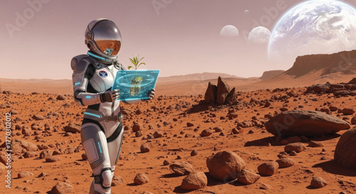 Futuristic astronaut on Mars, holding holographic tablet with plant, space exploration, terraforming, NASA mission, alien landscape, celestial bodies, technology research