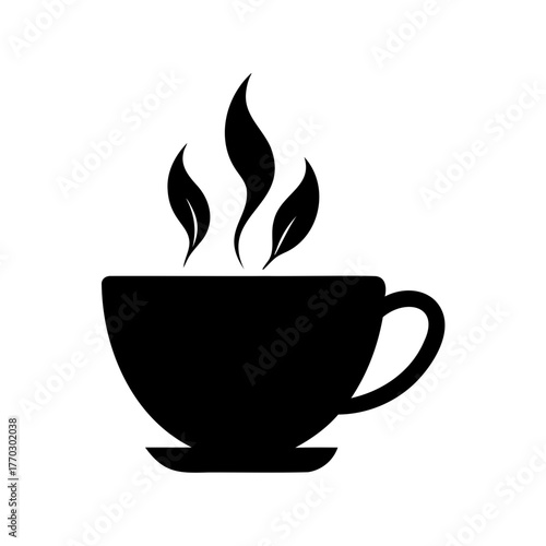 A silhouette of a steaming herbal tea cup with leaves rising up