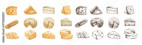 Hand drawn vintage sketch set of assorted cheese types including wedge, wheel, string, blue and sliced pieces in color and monochrome versions, detailed dairy food illustration, isolated vector design