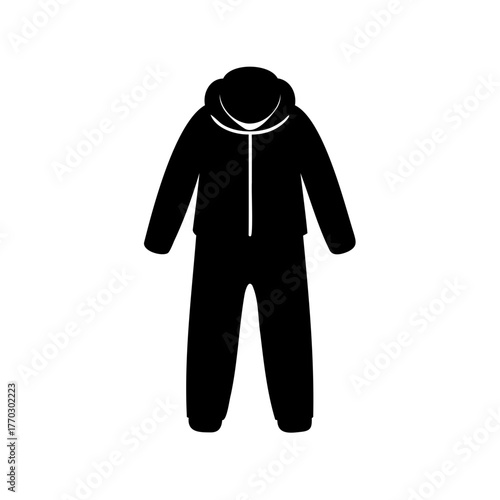 Black silhouette of a one piece winter suit with hood and zipper