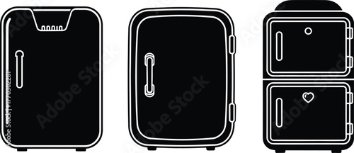Modern and retro small cosmetic beauty mini refrigerator black and white vector icons set. Compact desk fridge single and double door for skincare products and personal use silhouette collection.