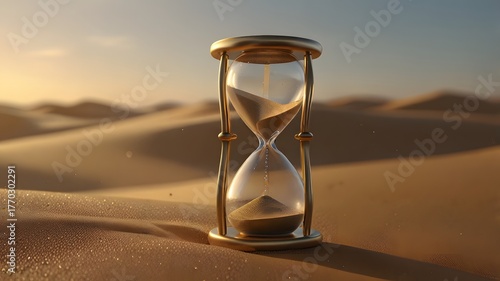 Sand clock in the desert with blue sky in the background and.