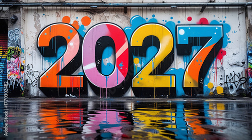 Vibrant 2027 graffiti artwork mural on wet reflective urban wall announcing new year