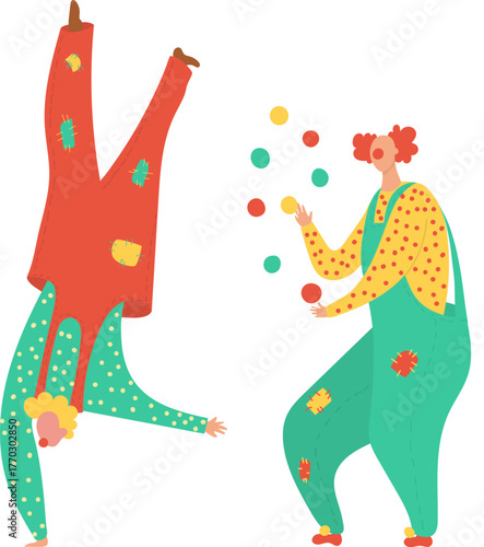 A lively performance featuring two clowns, one juggling while the other does a handstand, capturing the joy and creativity associated with circus entertainment.