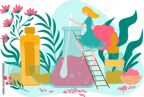 In this artistic illustration, a woman climbs a ladder in a beautifully designed lab, meticulously crafting perfumes amidst vibrant flowers and fragrant oils, showcasing creativity.