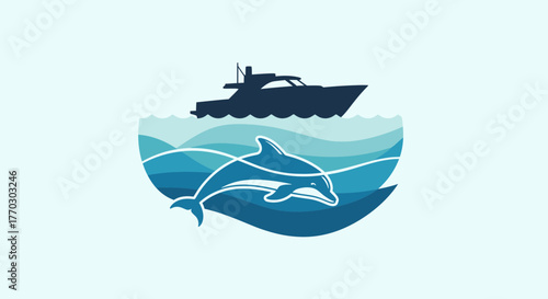 Boat And Dolphin Underneath The Waves, Nautical Logo Design