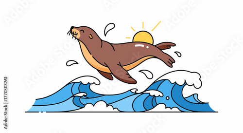Cartoon Seal Balancing Joyfully On Ocean Waves Under Bright Sun