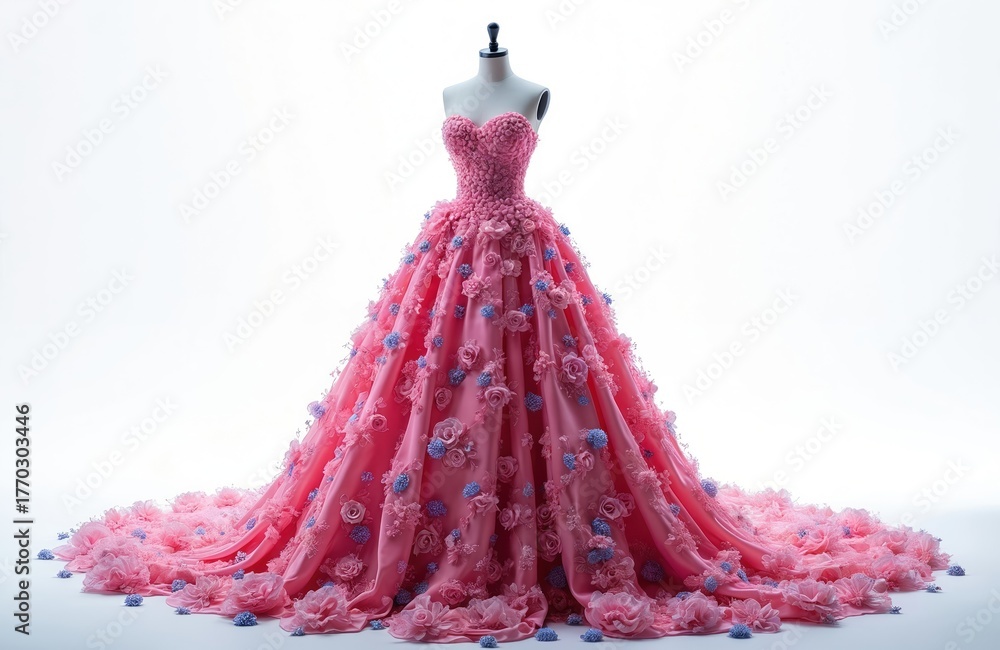 Naklejka premium Elegant pink ball gown on mannequin isolated on white studio background. Strapless dress features long train, 3D floral appliques. Luxury couture garment for prom gala fairytale wedding. Beautiful