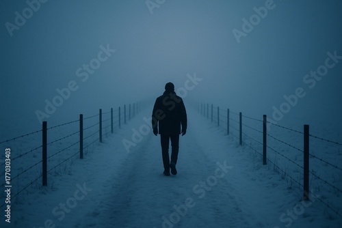 Lonely person walking on the snowy road, blue cold winter landscape