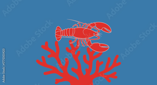 Lobster And Coral On A Blue Background Marine Illustration