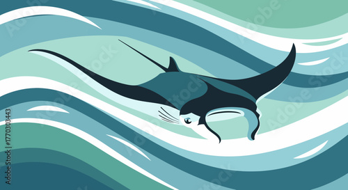 Manta Ray Gliding Gracefully Through Abstract Ocean Waters