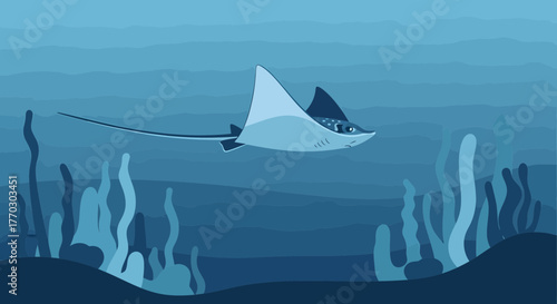 Manta Ray Gracefully Gliding Through Deep Ocean With Algae