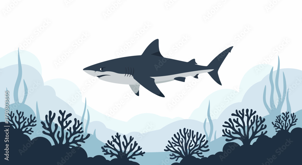 Obraz premium Solitary Shark Navigating Over A Tranquil Coral Reef