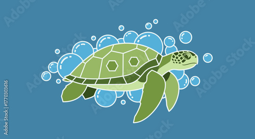 Stylized Sea Turtle Swimming In Ocean With Bubbles Illustration