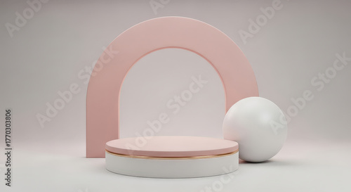 Abstract pastel pink podium with arch and white sphere blank copy space mockup