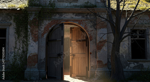 Rustic old wooden door opening to sunlight in abandoned brick building