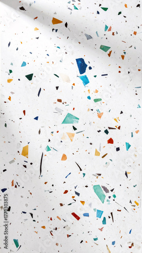 Terrazzo pattern texture with colorful fragments against a white background with gentle shadows. Perfect for surface design, backdrop or wallpaper