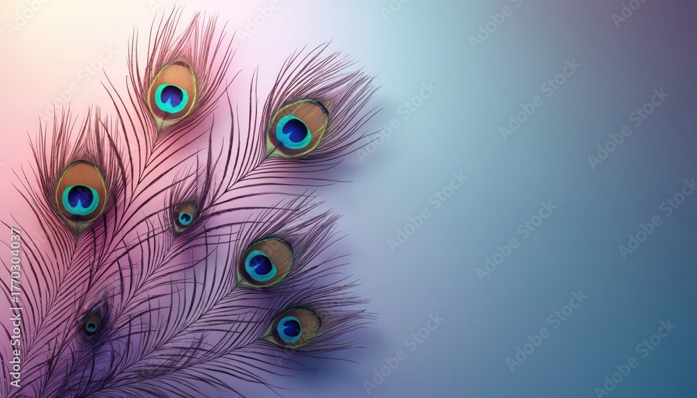 Obraz premium Elegant background with peacock feathers on light gradient. Artistic layout with copy space. Refined decorative backdrop for wallpaper. Stylish plume design element for digital banner. Luxurious