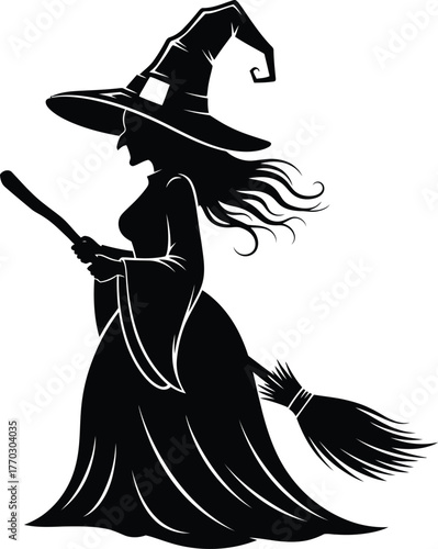 Illustration of silhouette of a witch flying on a broom isolated on white background