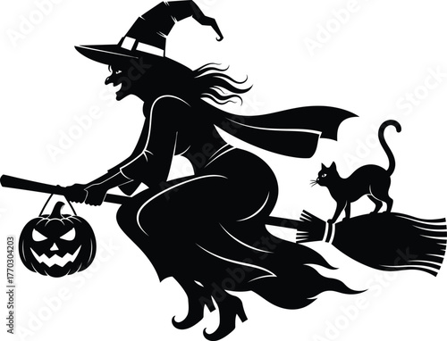 Illustration of witch riding broom with cat and pumpkin isolated on white background